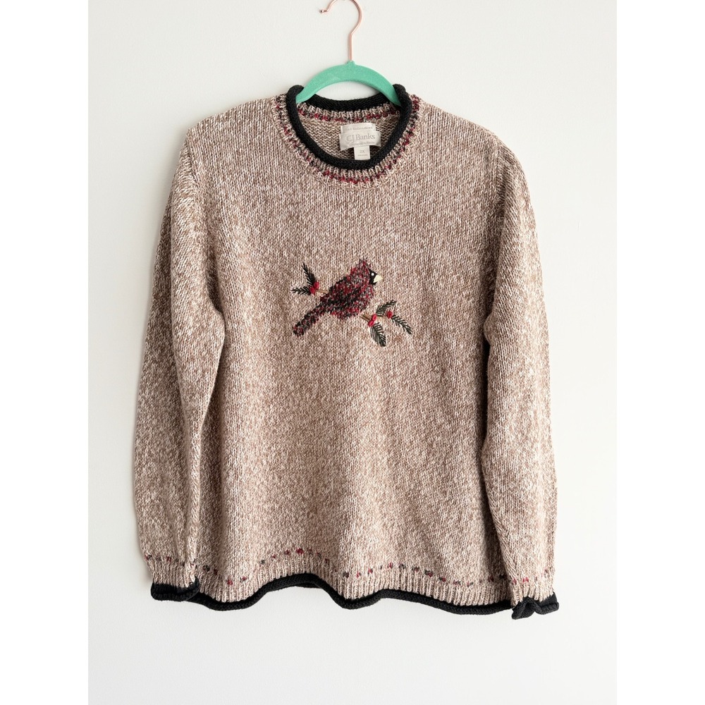 VTG CJ Banks Cardinal Embroidered Sweater Oatmeal Marl Knit Bird Xmas PLUS 2X